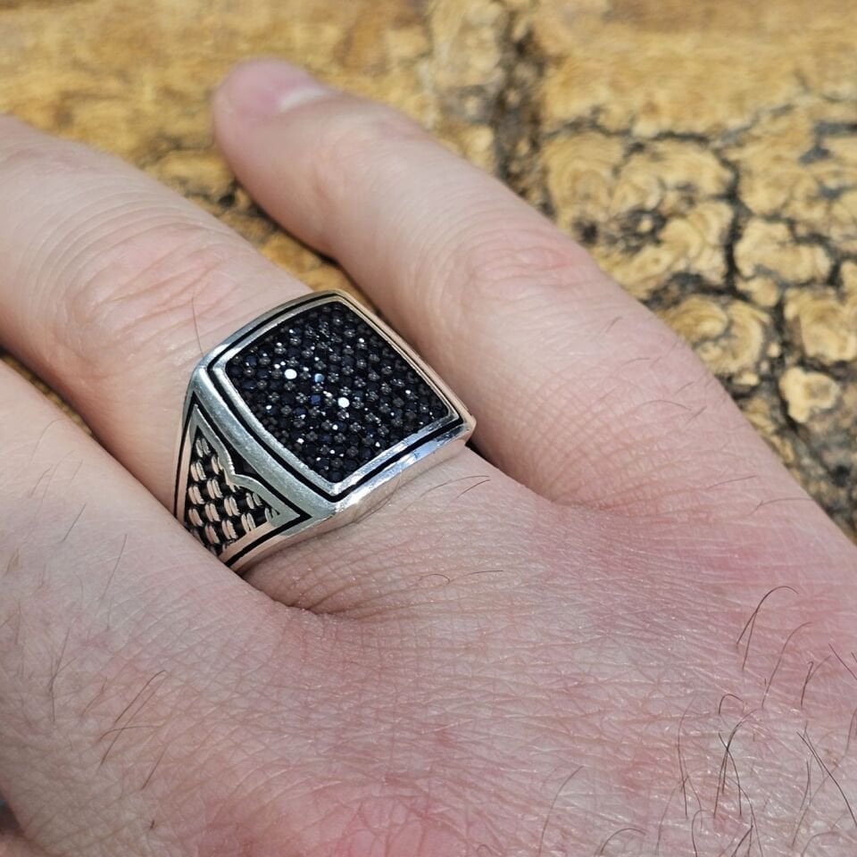 Siyah Mikro Zirkon Taş İşlemeli 925 Gümüş Erkek Yüzük 27
