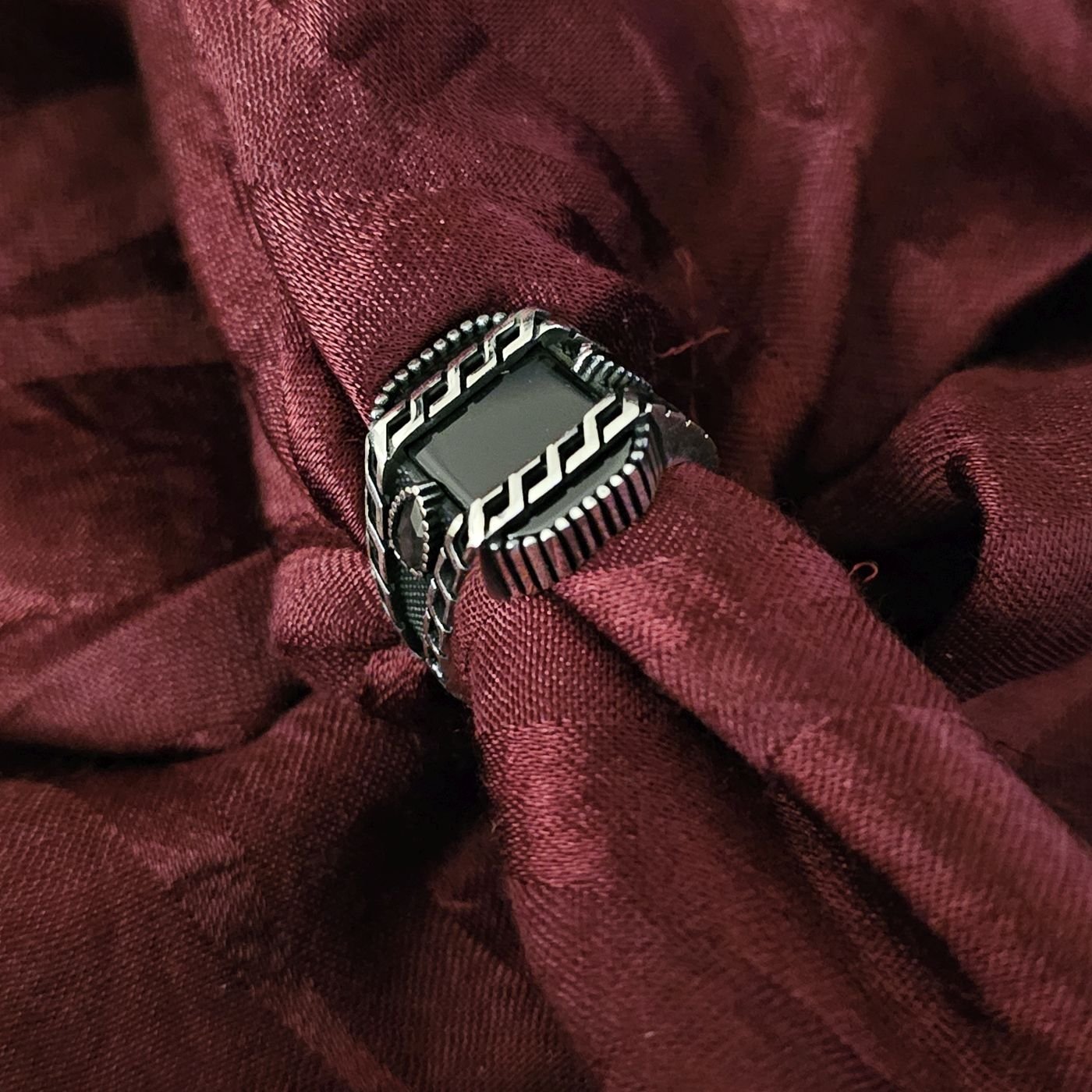 Gurmet işlemeli 925 Ayar taşlı Gümüş Yüzük siyah - 20