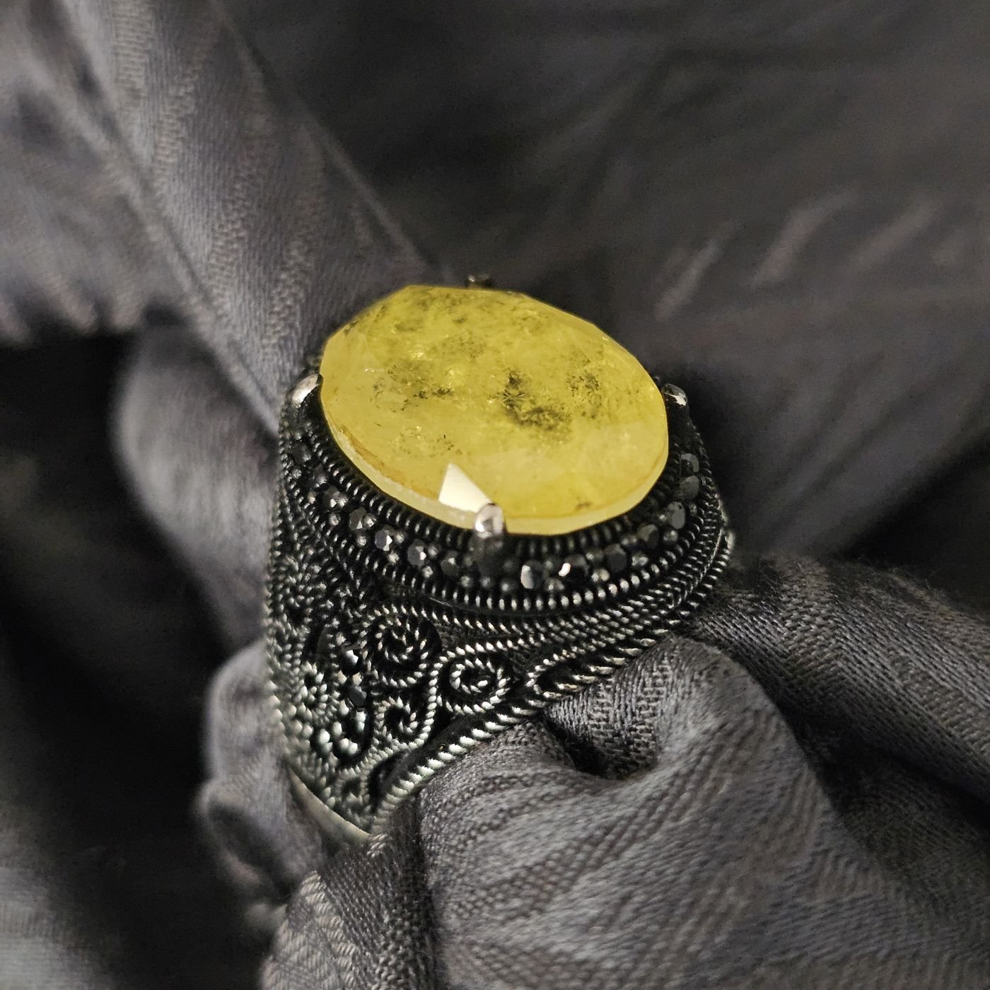 Paraiba taşlı Oksitli 925 Ayar Gümüş Yüzük sarı - 21