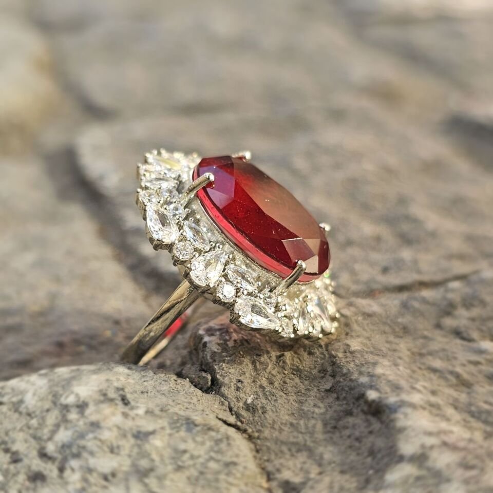 Paraiba taşlı Margazit taş işlemeli 925 Ayar Kadın Gümüş Yüzük kırmızı - 18