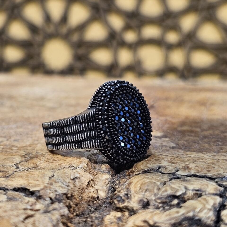 Siyah Zirkon Mikro Taşlı Büyük 925 Ayar Gümüş Erkek Yüzük 27