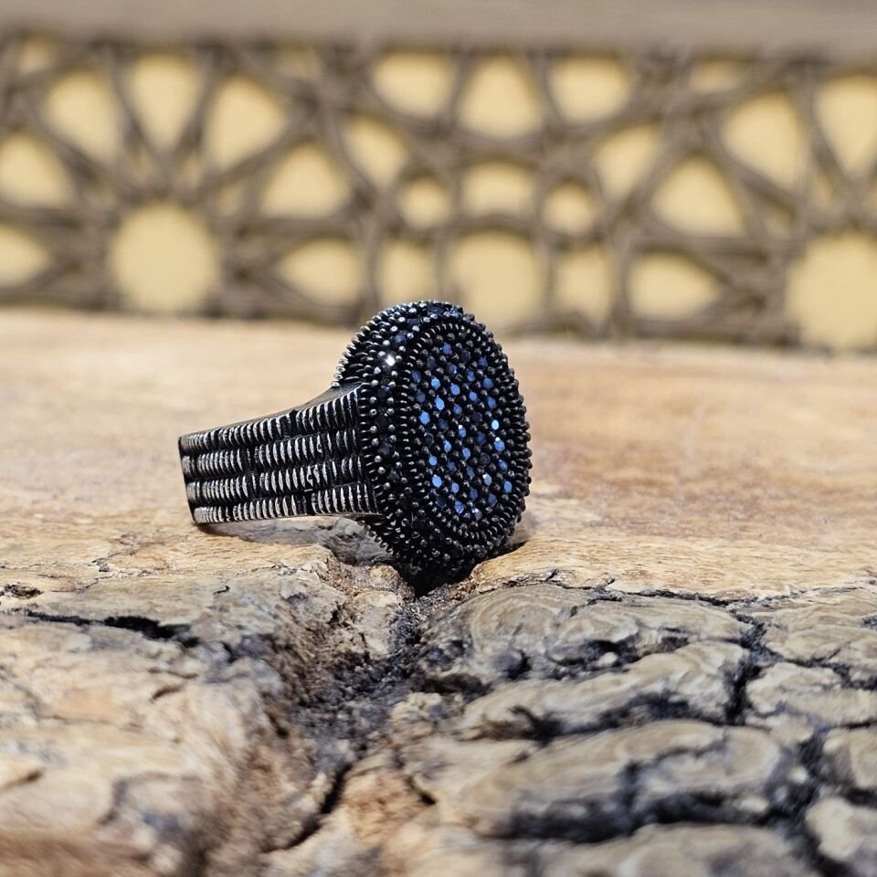 Siyah Zirkon Mikro Taşlı Büyük 925 Ayar Gümüş Erkek Yüzük 27