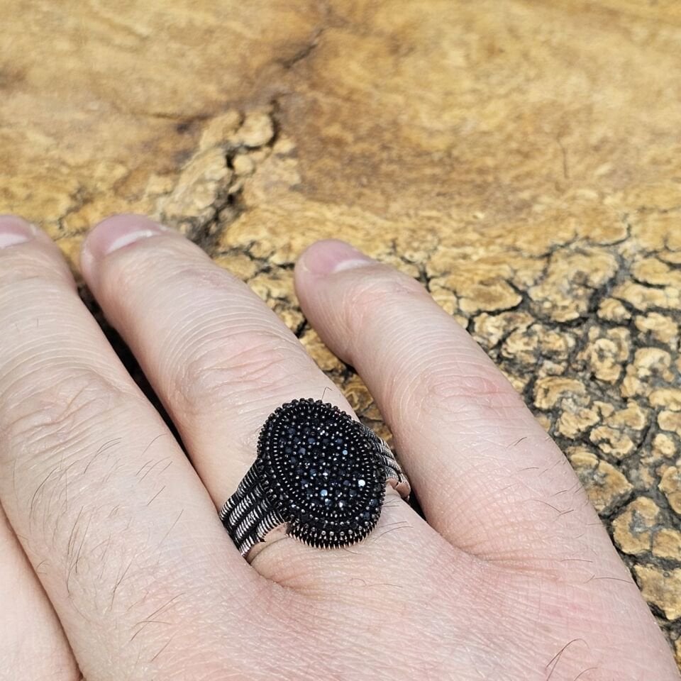 Siyah Zirkon Mikro Taşlı Büyük 925 Ayar Gümüş Erkek Yüzük 27