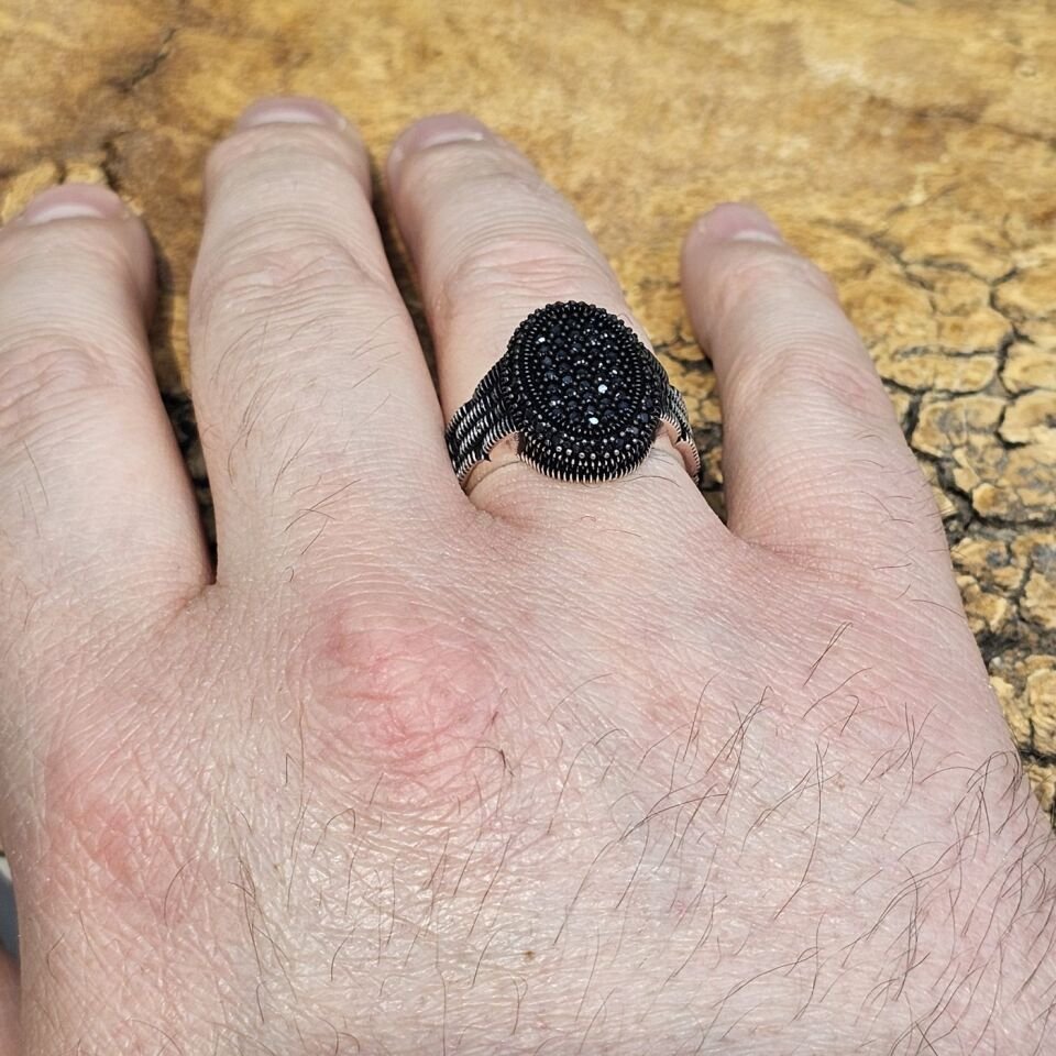 Siyah Zirkon Mikro Taşlı Büyük 925 Ayar Gümüş Erkek Yüzük 27