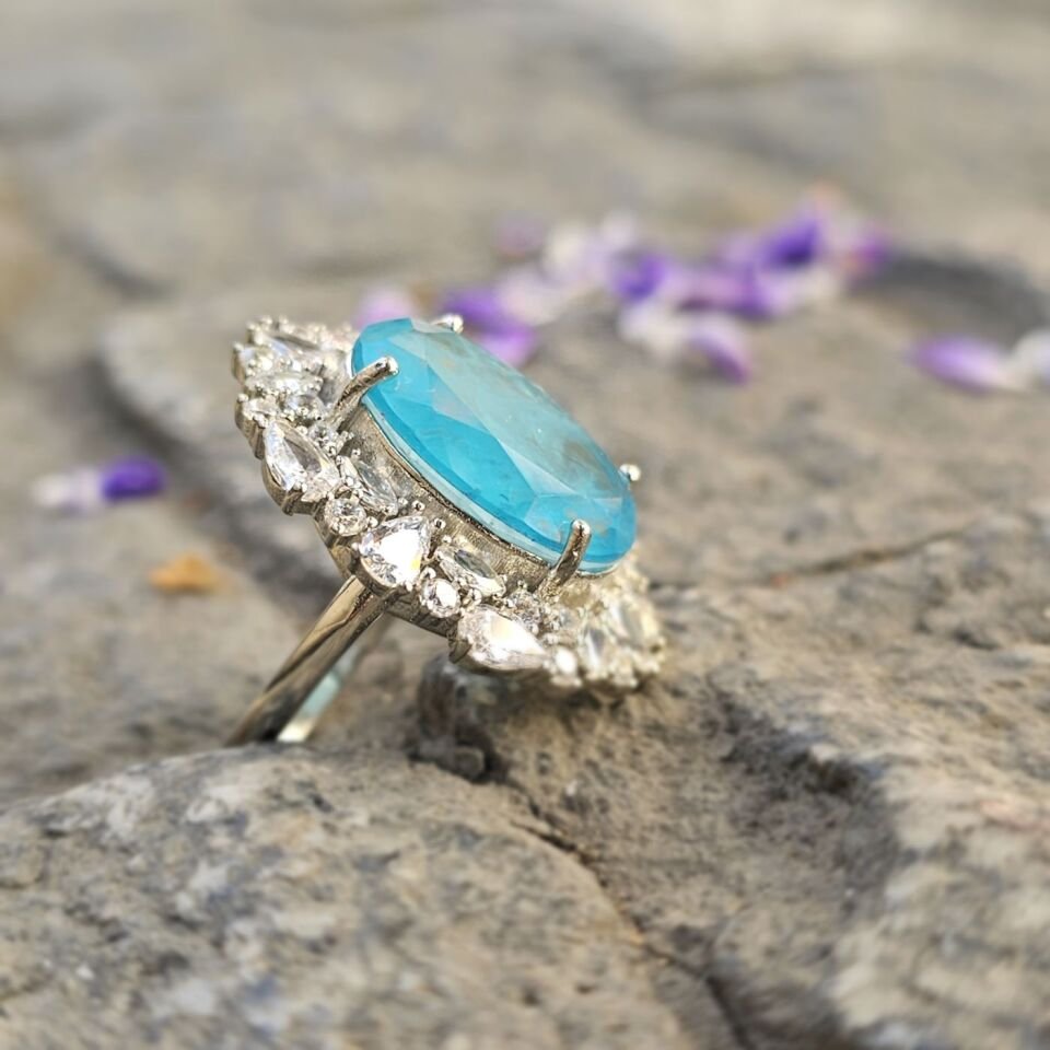 Paraiba taşlı Margazit taş işlemeli 925 Ayar Kadın Gümüş Yüzük