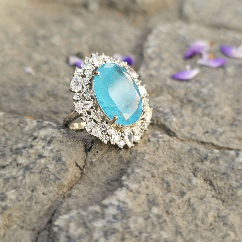 Paraiba taşlı Margazit taş işlemeli 925 Ayar Kadın Gümüş Yüzük