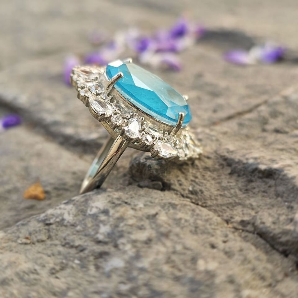 Paraiba taşlı Margazit taş işlemeli 925 Ayar Kadın Gümüş Yüzük mavi - 18