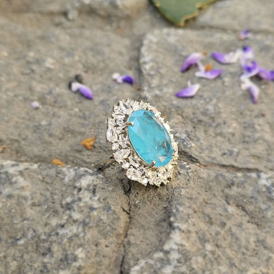 Paraiba taşlı Margazit taş işlemeli 925 Ayar Kadın Gümüş Yüzük