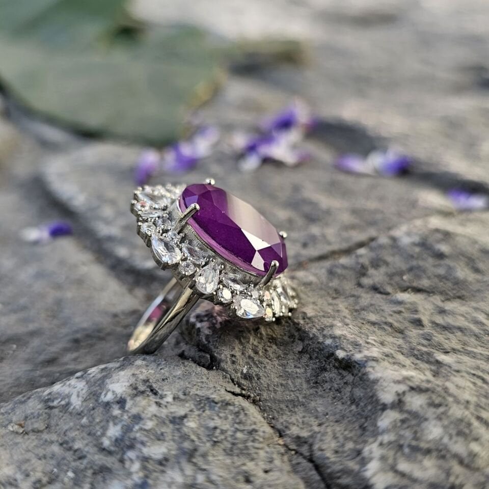 Paraiba taşlı Margazit taş işlemeli 925 Ayar Kadın Gümüş Yüzük mor - 18