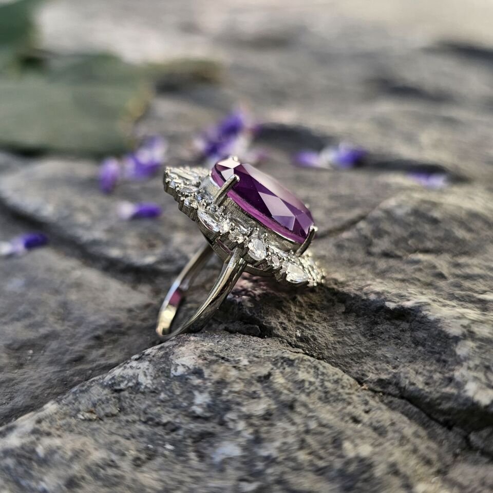 Paraiba taşlı Margazit taş işlemeli 925 Ayar Kadın Gümüş Yüzük