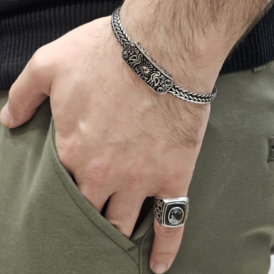 Mardin Telkari Model 925 Ayar Oksitli Gümüş Erkek Yüzük ve Bileklik Set