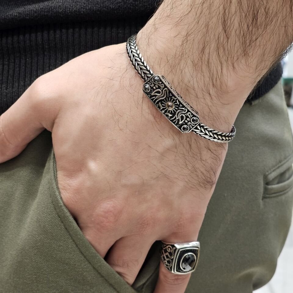 Mardin Telkari Model 925 Ayar Oksitli Gümüş Erkek Yüzük ve Bileklik Set