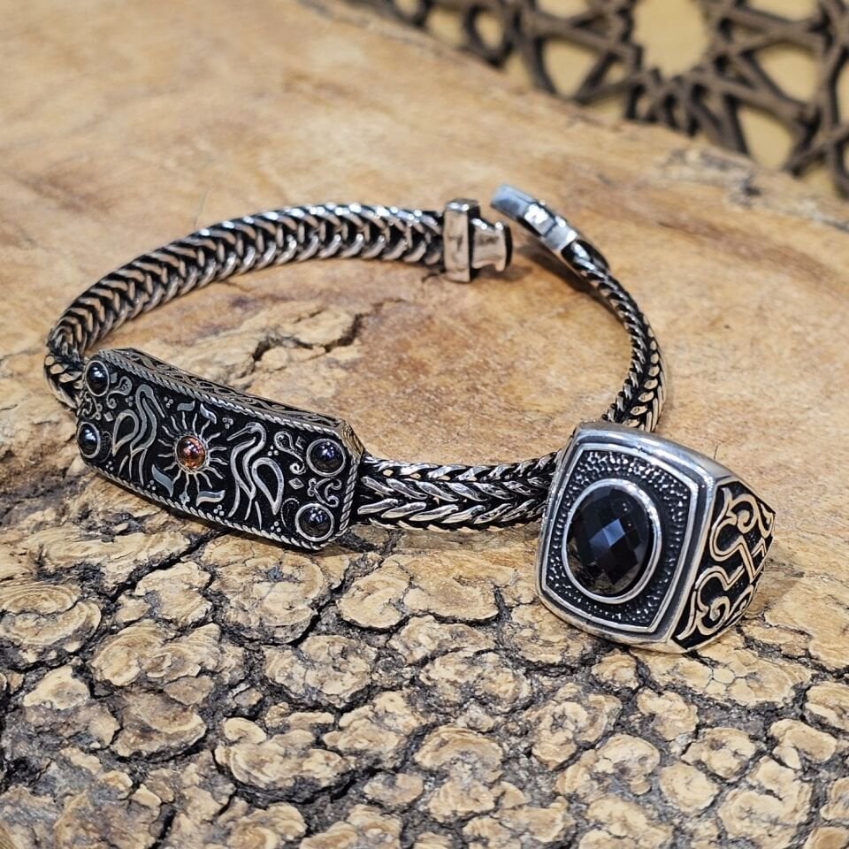 Mardin Telkari Model 925 Ayar Oksitli Gümüş Erkek Yüzük ve Bileklik Set