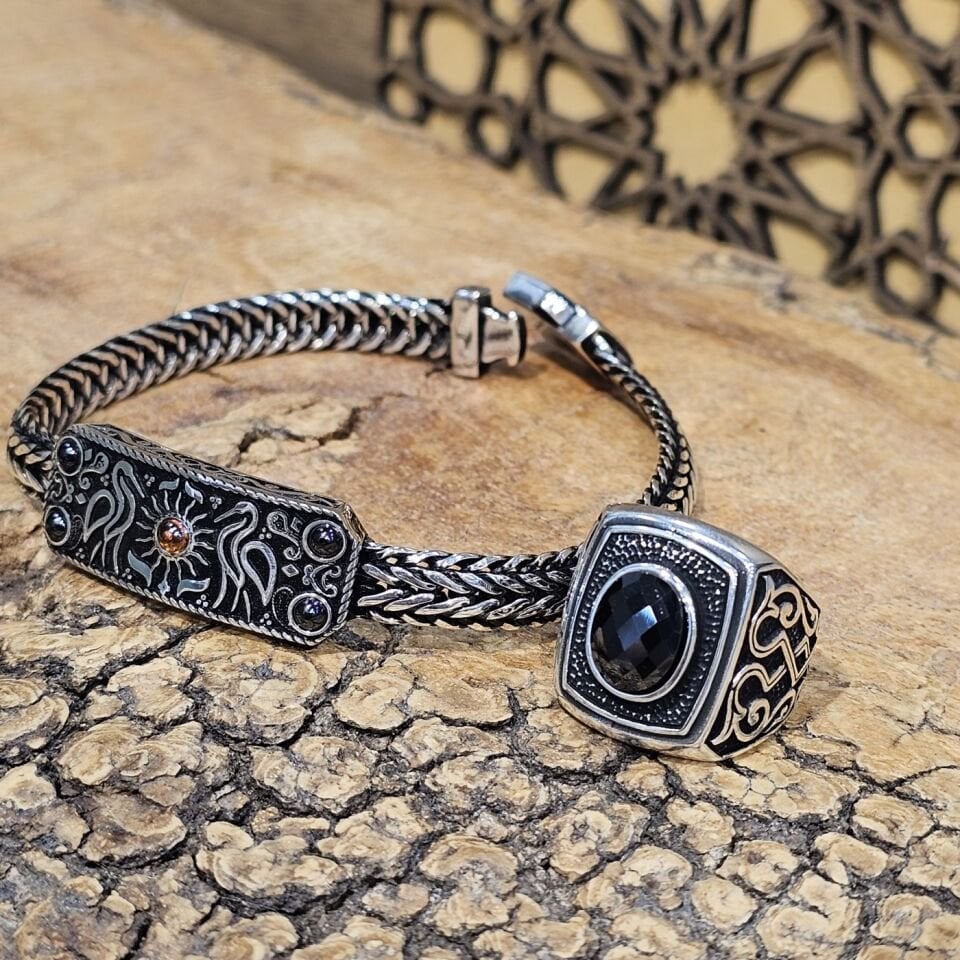 Mardin Telkari Model 925 Ayar Oksitli Gümüş Erkek Yüzük ve Bileklik Set
