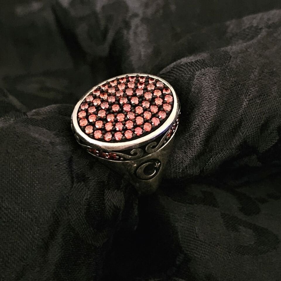 Turuncu Mikro taşlı Ay Yıldız işlemeli 925 Ayar Gümüş Yüzük