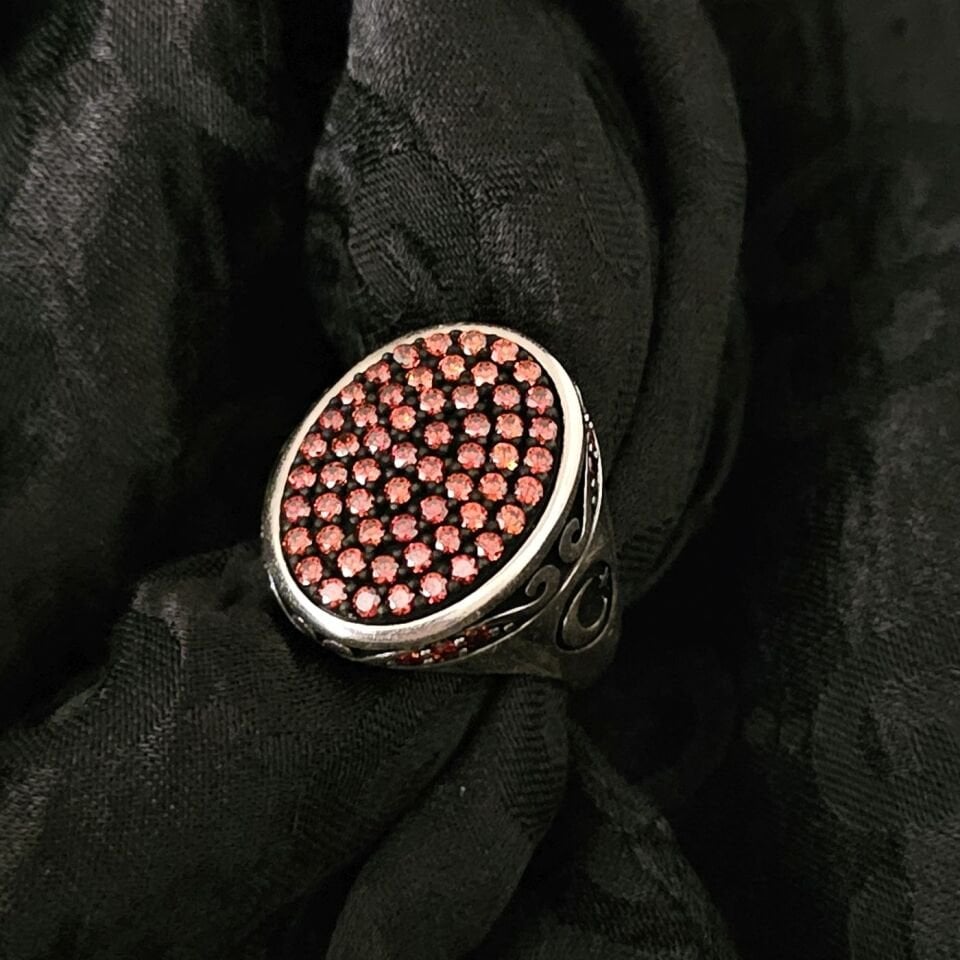 Turuncu Mikro taşlı Ay Yıldız işlemeli 925 Ayar Gümüş Yüzük 27