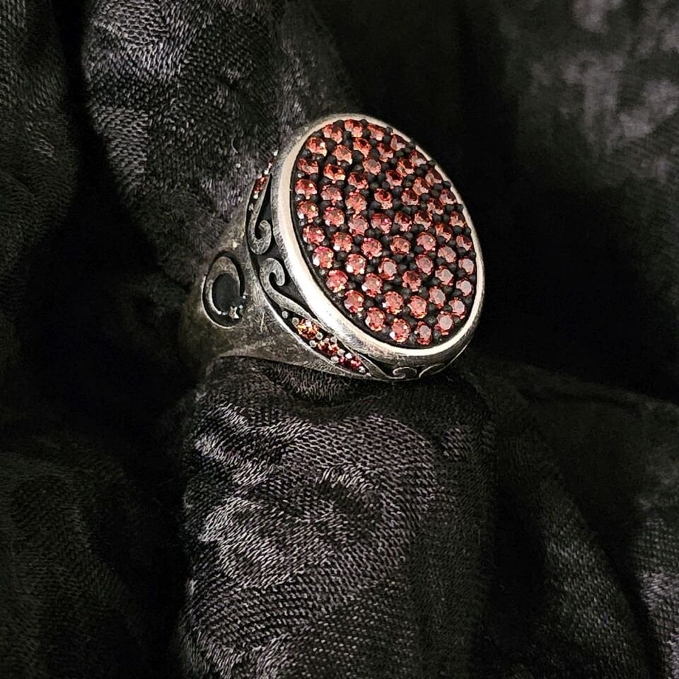 Turuncu Mikro taşlı Ay Yıldız işlemeli 925 Ayar Gümüş Yüzük 27