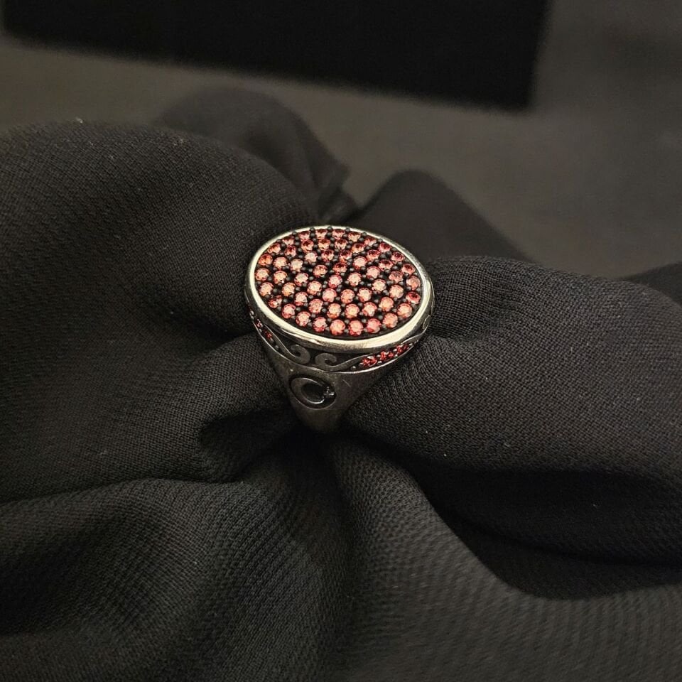 Turuncu Mikro taşlı Ay Yıldız işlemeli 925 Ayar Gümüş Yüzük