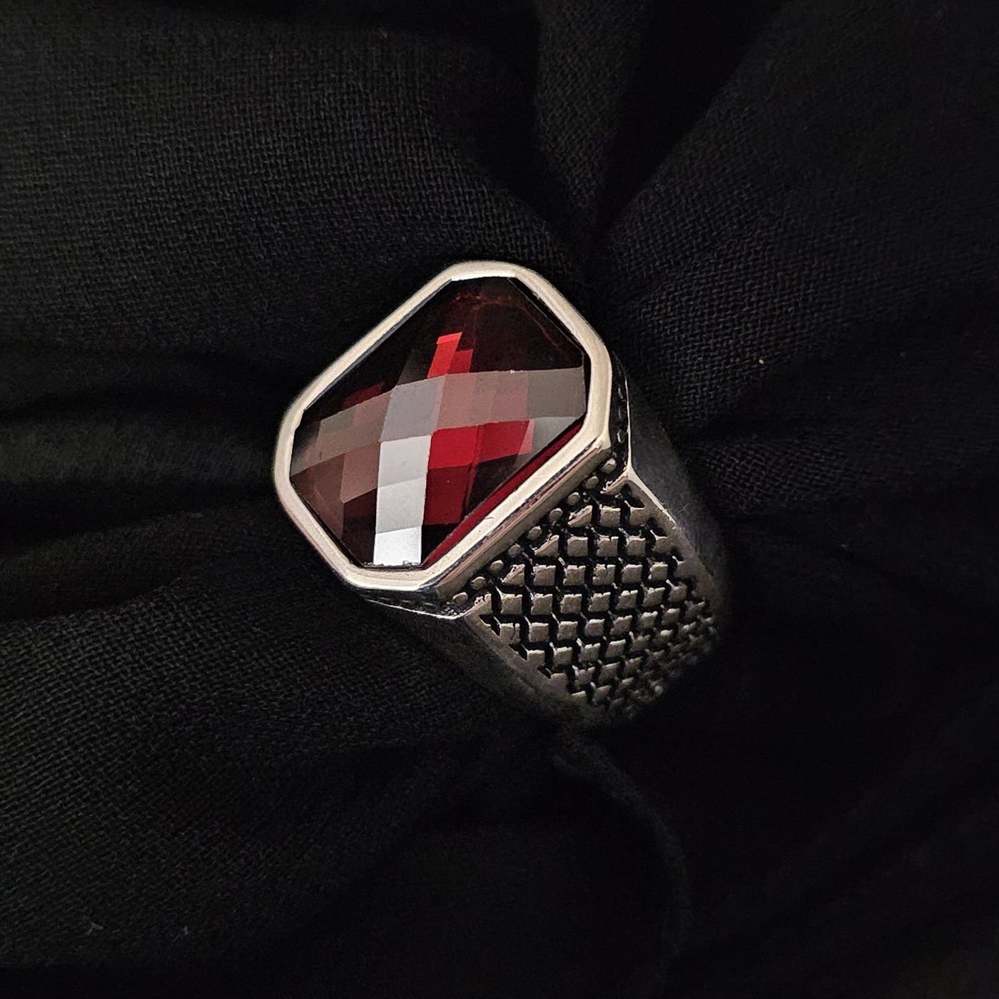 Dikdörtgen fasetta kesim Zirkon taşlı 925 Ayar Gümüş Yüzük kırmızı - 18