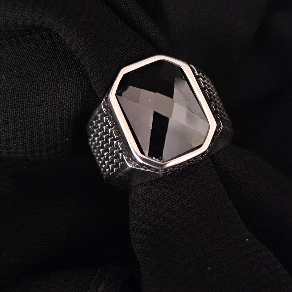 Dikdörtgen fasetta kesim Zirkon taşlı 925 Ayar Gümüş Yüzük siyah - 18