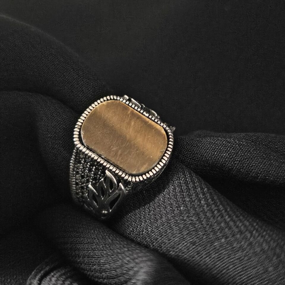 Yaprak Desenli Kaplan Gözü taşlı 925 Ayar Gümüş Yüzük