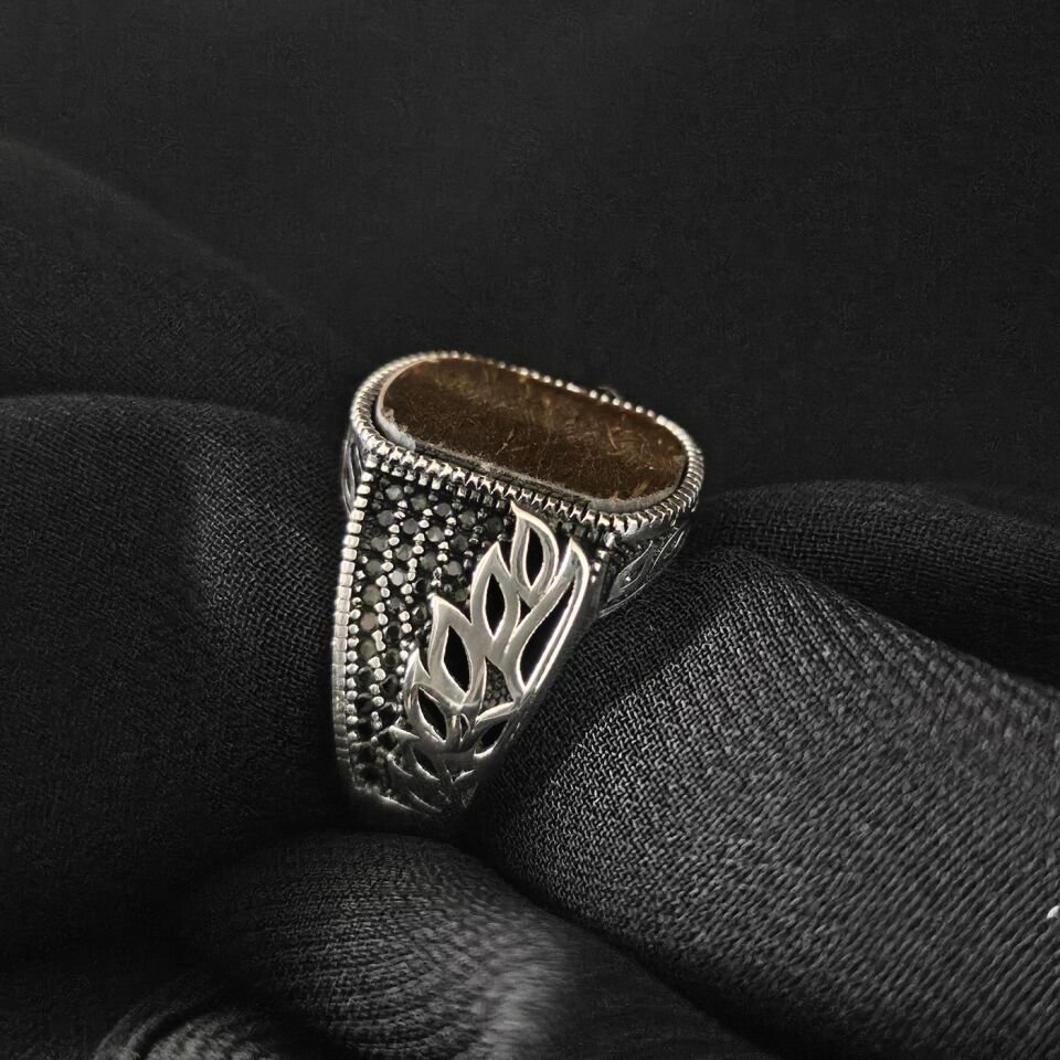 Yaprak Desenli Kaplan Gözü taşlı 925 Ayar Gümüş Yüzük