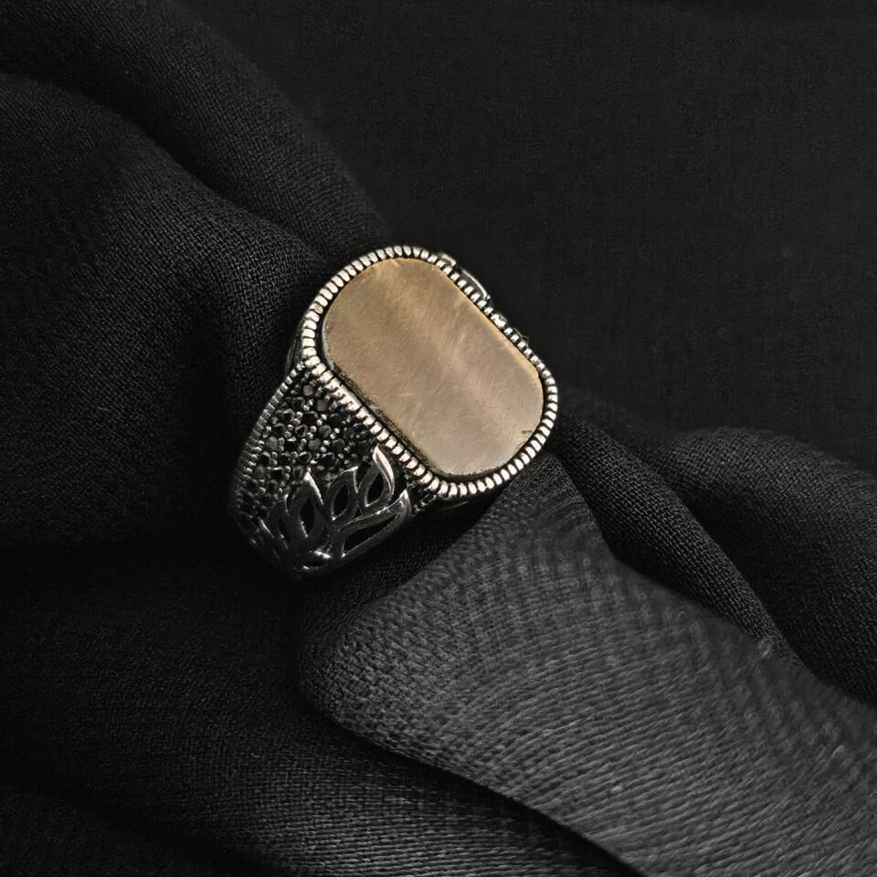 Yaprak Desenli Kaplan Gözü taşlı 925 Ayar Gümüş Yüzük 25