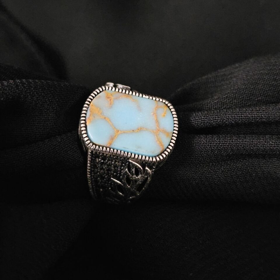 Yaprak Desenli Firuze taşlı 925 Ayar Gümüş Yüzük