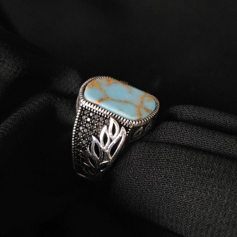 Yaprak Desenli Firuze taşlı 925 Ayar Gümüş Yüzük 25