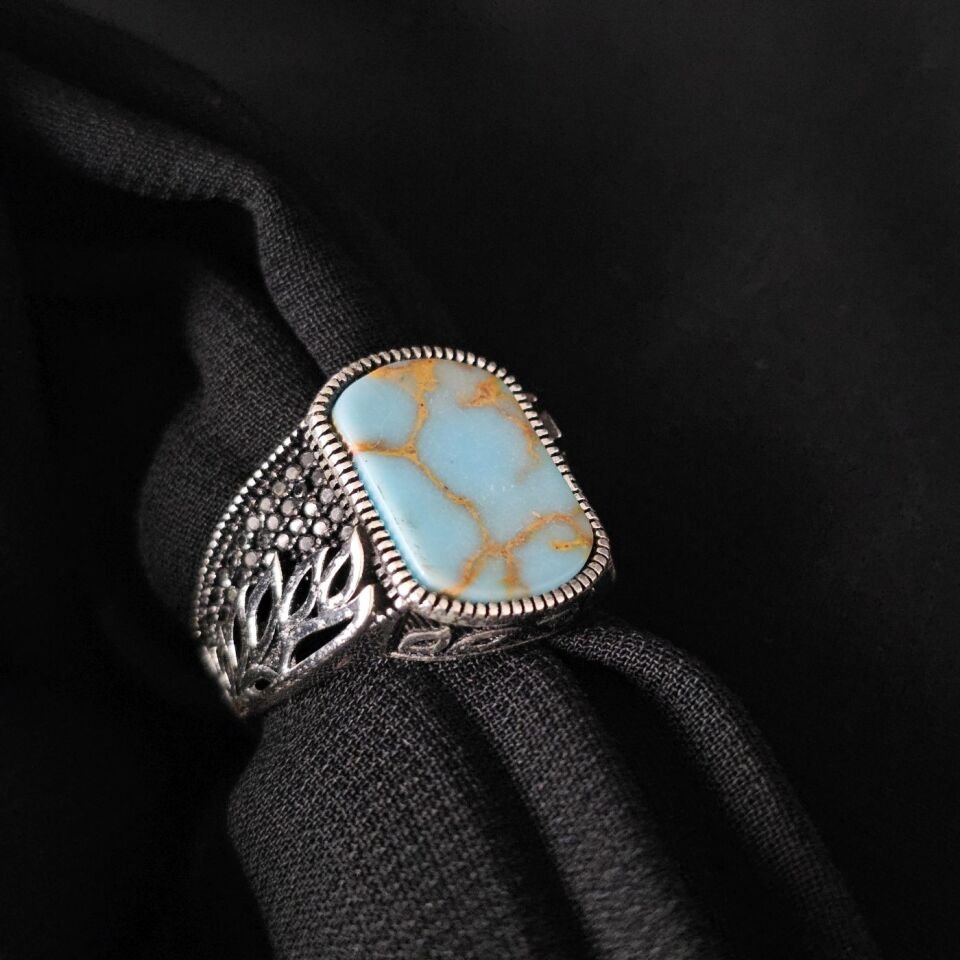 Yaprak Desenli Firuze taşlı 925 Ayar Gümüş Yüzük