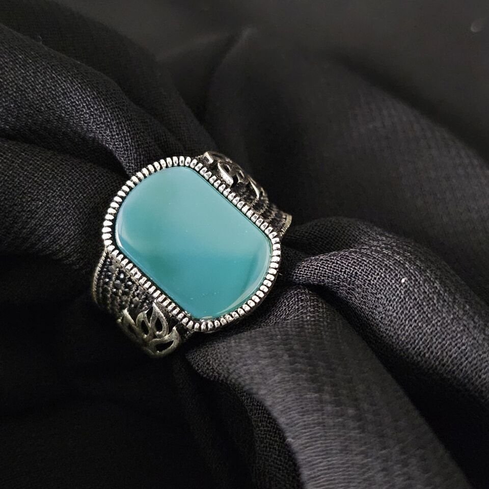 Yaprak Desenli Yeşil Akik taşlı 925 Ayar Gümüş Yüzük