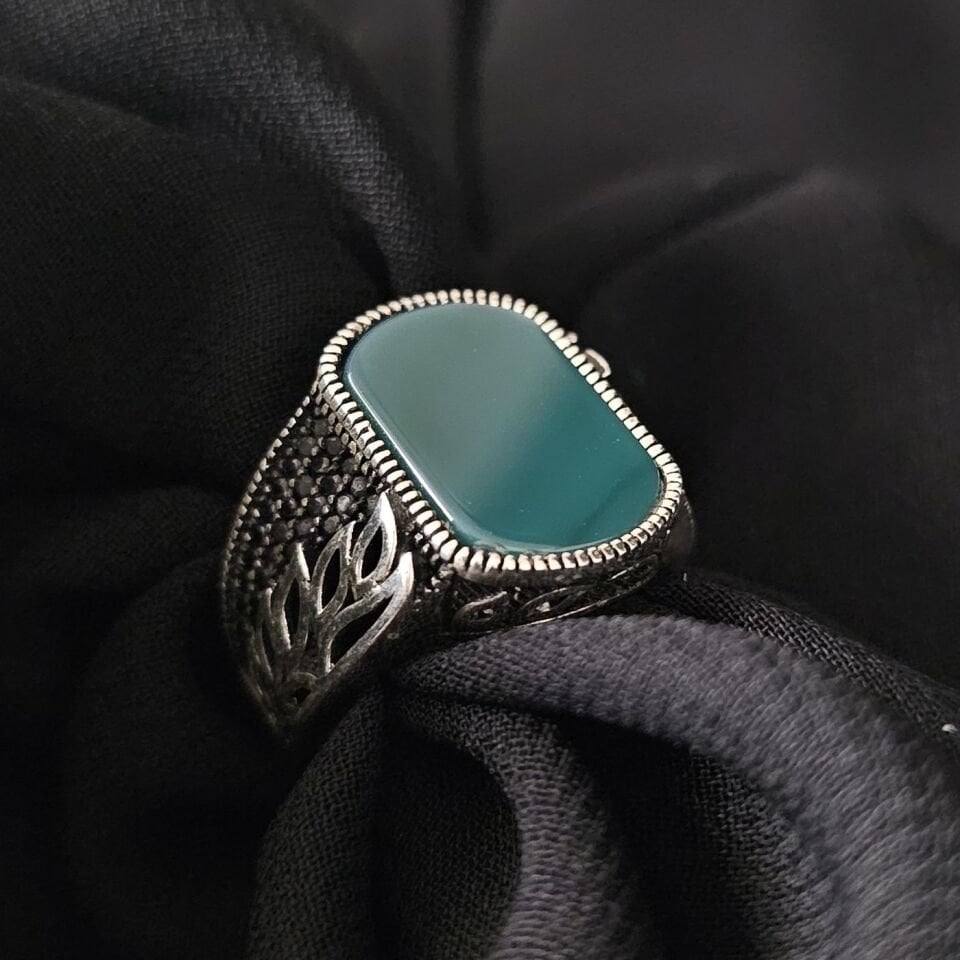 Yaprak Desenli Yeşil Akik taşlı 925 Ayar Gümüş Yüzük yeşil - 26