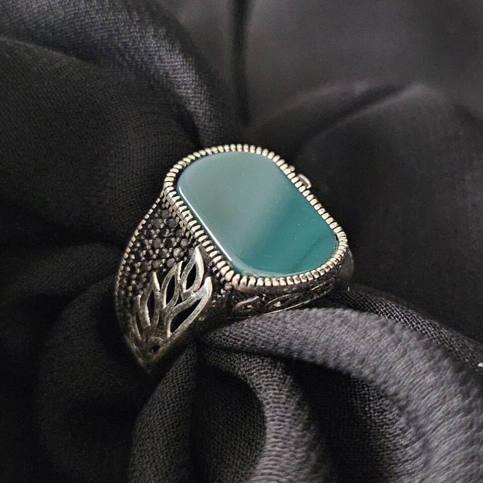 Yaprak Desenli Yeşil Akik taşlı 925 Ayar Gümüş Yüzük yeşil - 25