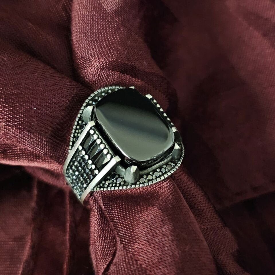 Onıks Taşlı 925 Ayar Gümüş Yüzük siyah - 20