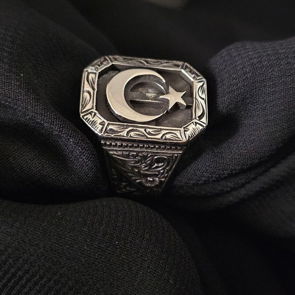 Ay Yıldız İşlemeli taşsız 925 Ayar Gümüş Yüzük 25