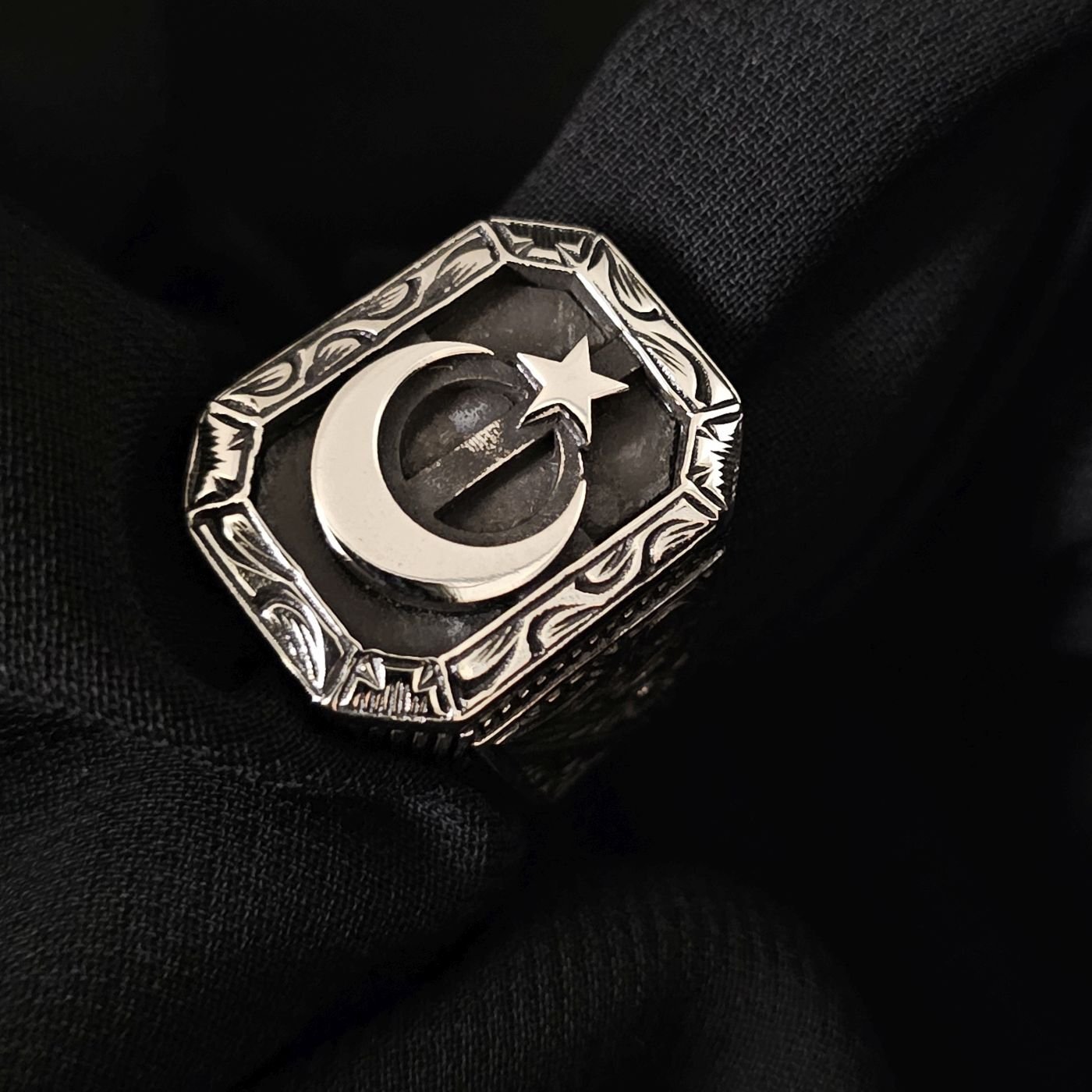 AY YILDIZ İŞLEMELİ TAŞSIZ 925 AYAR GÜMÜŞ YÜZÜK ay yıldız - 14 gram - 28