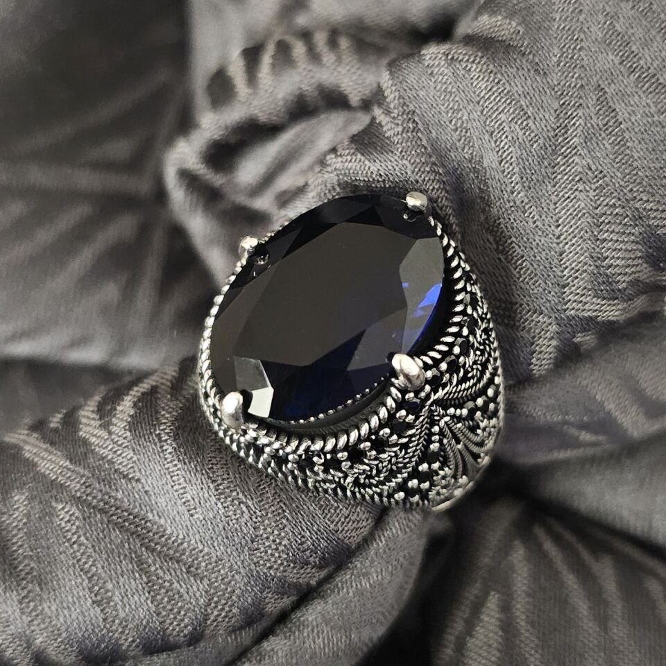 Paraiba taşlı Oksitli 925 Ayar Gümüş Yüzük