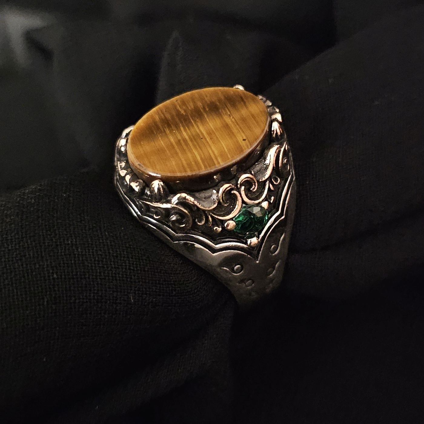 Oval kesim taşlı  925 Ayar Gümüş Yüzük kahverengi - 20