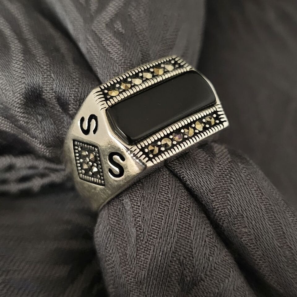 Onıks taşlı S harfi işlemeli Zirkon 925 Ayar Gümüş Yüzük 25