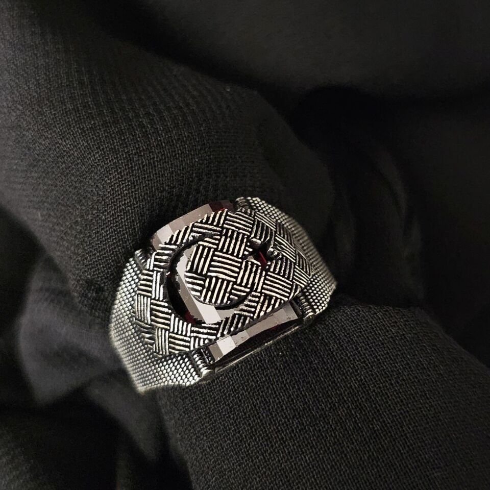 Ay Yıldız işlemeli Zirkon taşlı 925 Ayar Gümüş Yüzük 25