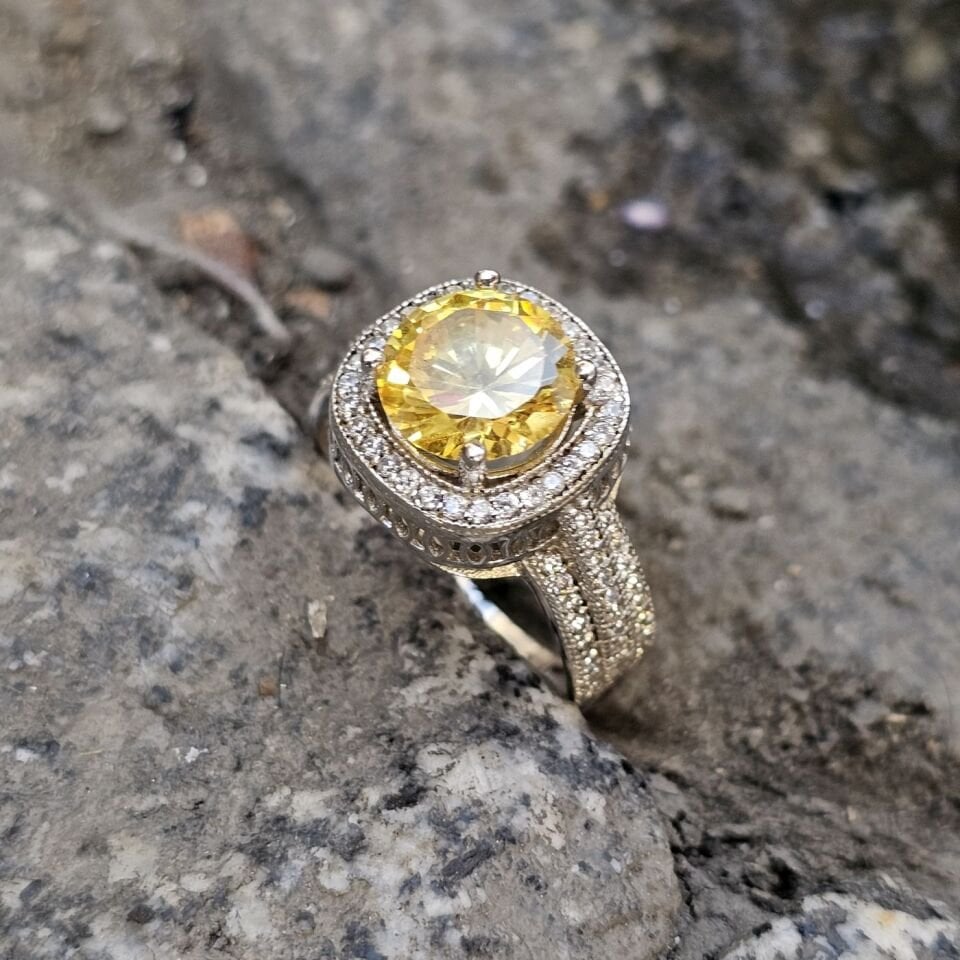 Lüks Sitrin taşlı 925 Ayar Kadın Gümüş Yüzük