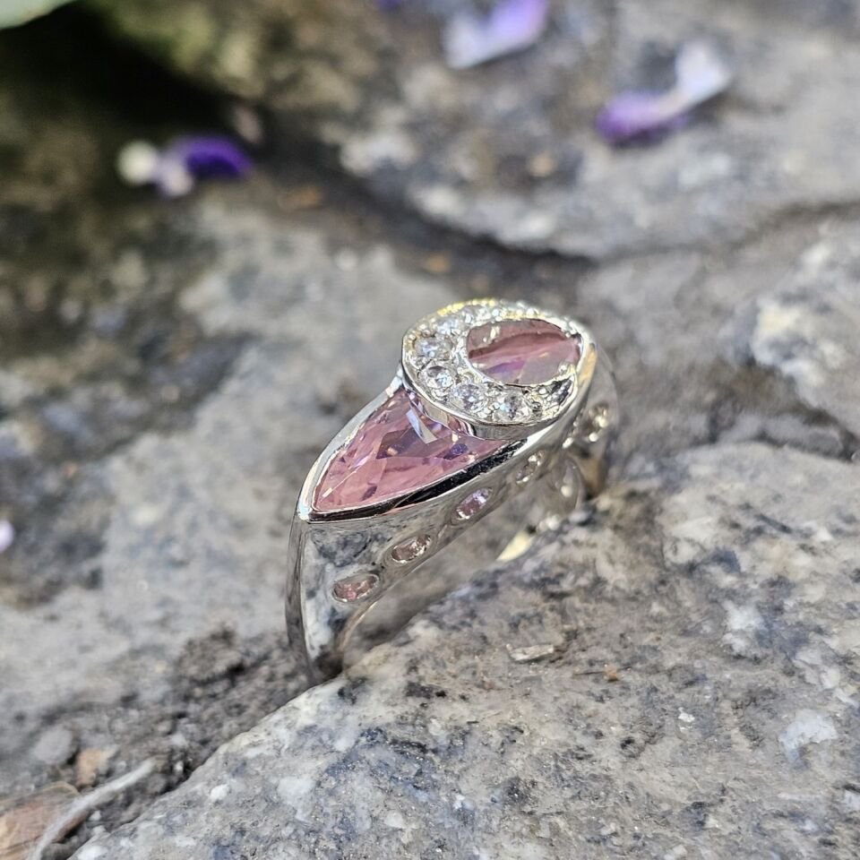 Otantik Pembe Kuarz taşlı 925 Ayar Kadın Gümüş Yüzük