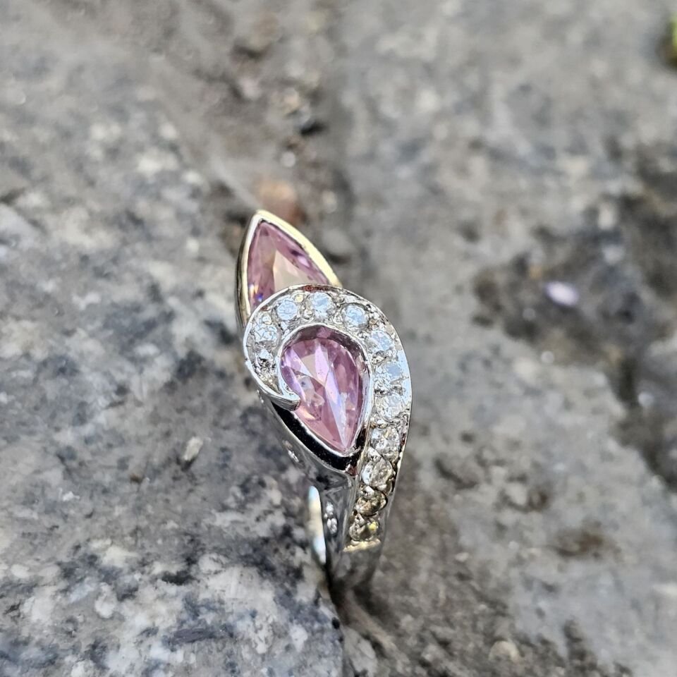 Otantik Pembe Kuarz taşlı 925 Ayar Kadın Gümüş Yüzük