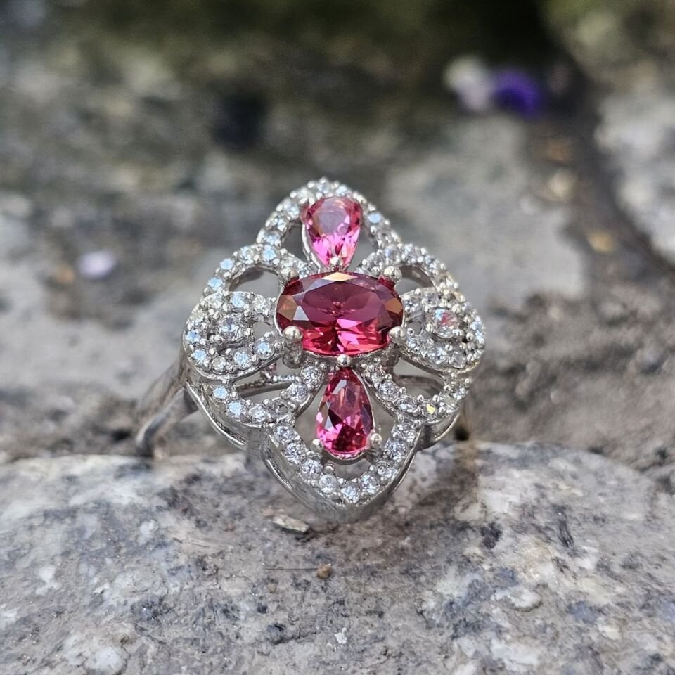 Pembe Damla Zirkon taşlı 925 Ayar Kadın Gümüş Yüzük 17