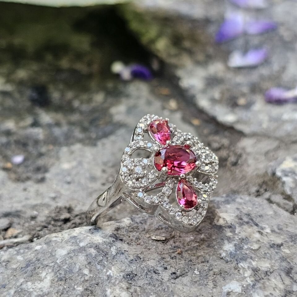 PEMBE DAMLA ZİRKON TAŞLI 925 AYAR KADIN GÜMÜŞ YÜZÜK 17