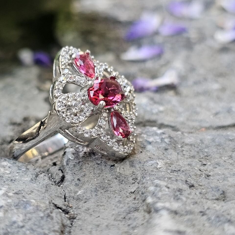 PEMBE DAMLA ZİRKON TAŞLI 925 AYAR KADIN GÜMÜŞ YÜZÜK 17