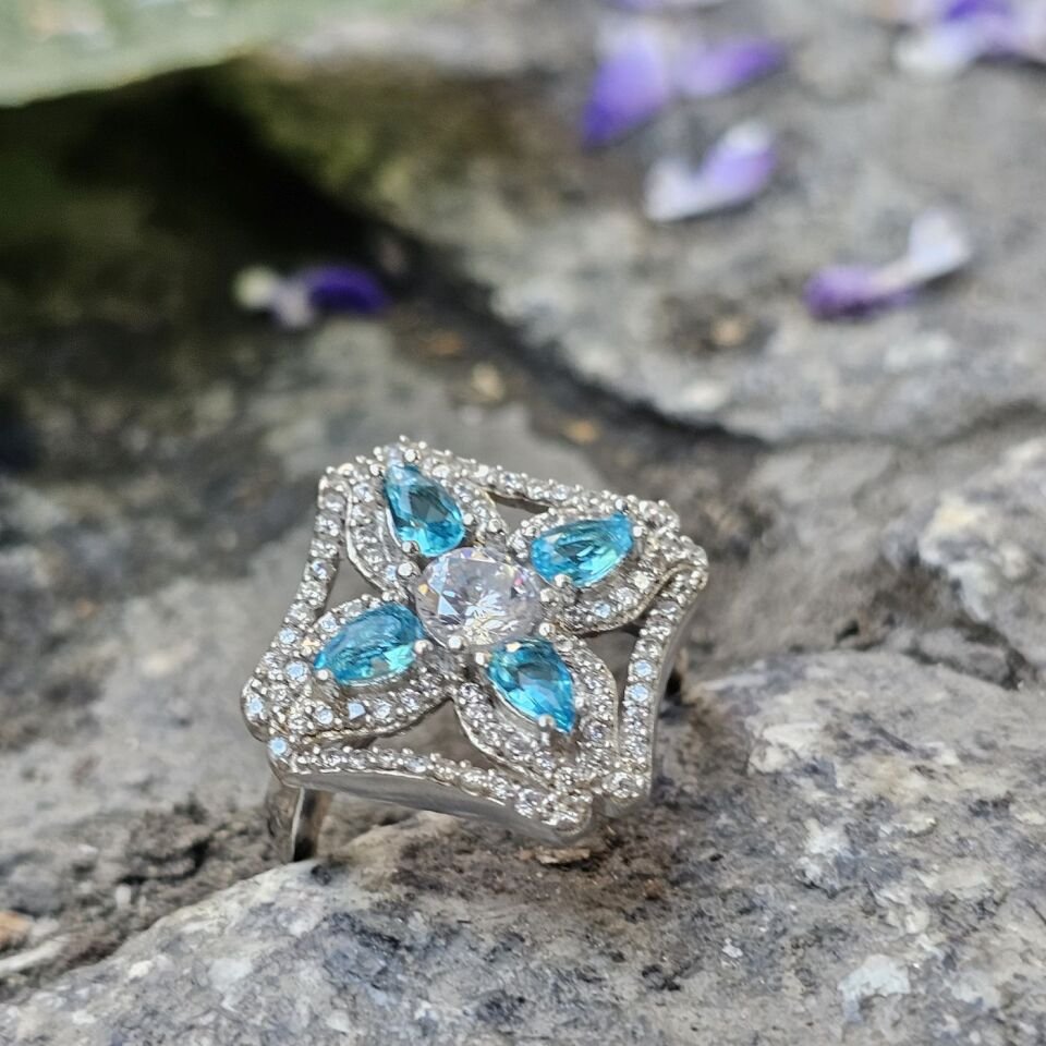 Mavi Topaz Damla taşlı 925 Ayar Kadın Gümüş Yüzük 17