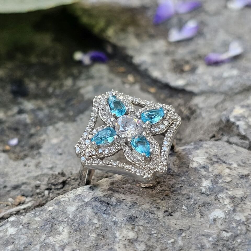 Mavi Topaz Damla taşlı 925 Ayar Kadın Gümüş Yüzük 17