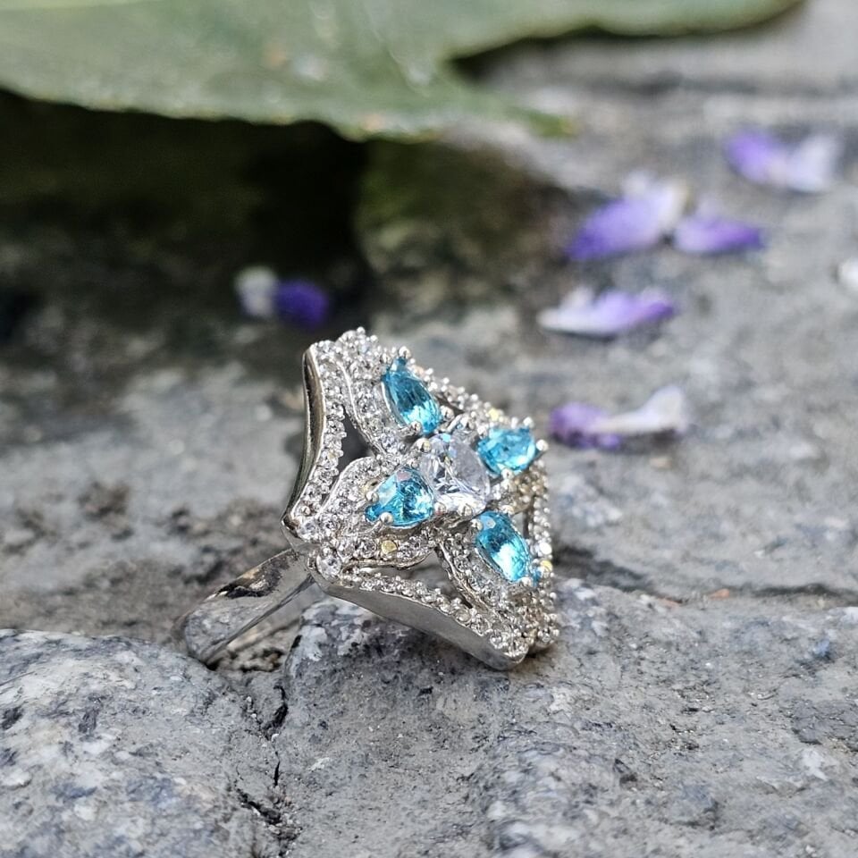 Mavi Topaz Damla taşlı 925 Ayar Kadın Gümüş Yüzük 17