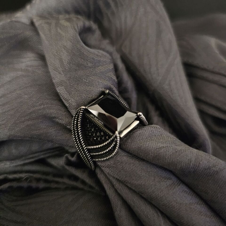 Siyah Zirkon taşlı Oksitli 925 Ayar Gümüş Yüzük 25